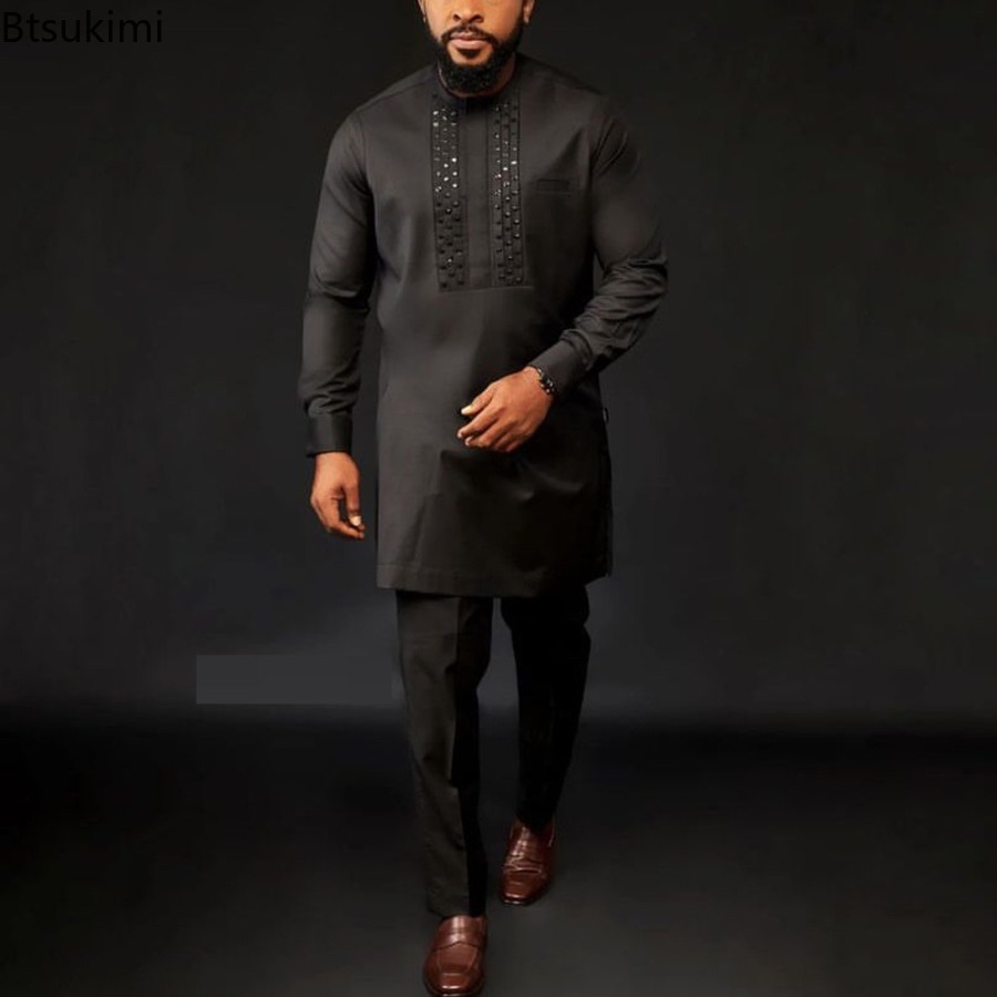 Ensemble caftan musulman pour hommes, chemise à manches longues + pantalon de Style ethnique africain, ensemble deux pièces, vêtements traditionnels pour hommes, nouvelle collection 2026