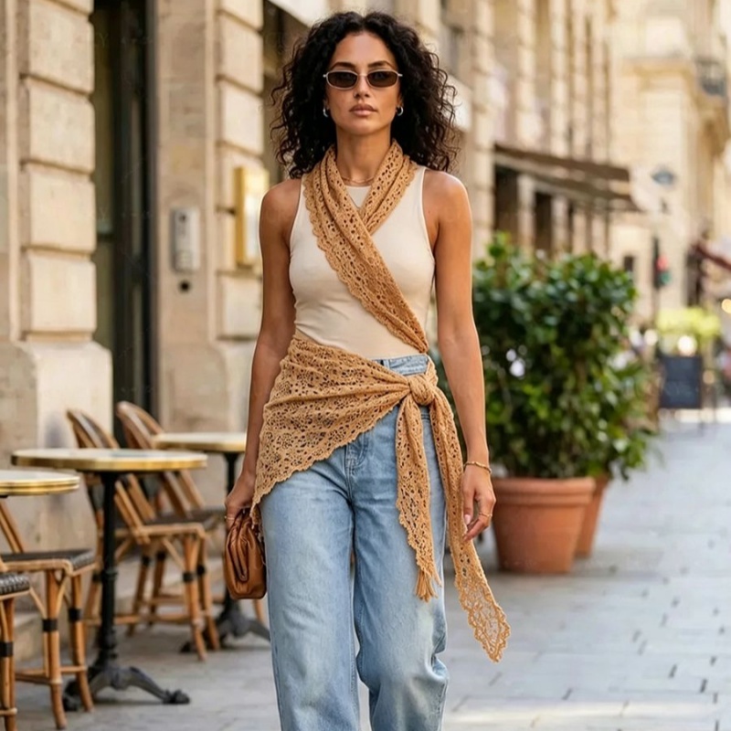 Foulard coréen fin en dentelle florale ajourée pour la protection solaire estivale, idéal pour la tenue avec une petite camisole, une robe à épaules dénudées, une jupe ou une ceinture.