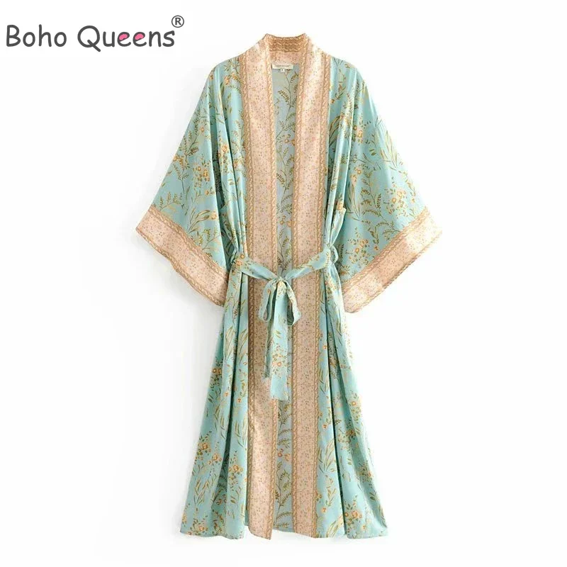 Boho Dinner ens Fashion-Kimono de plage pour femmes, imprimé floral vert, manches chauve-souris, rayonne, bohème, col en V, robe Boho, couvertures de bikini