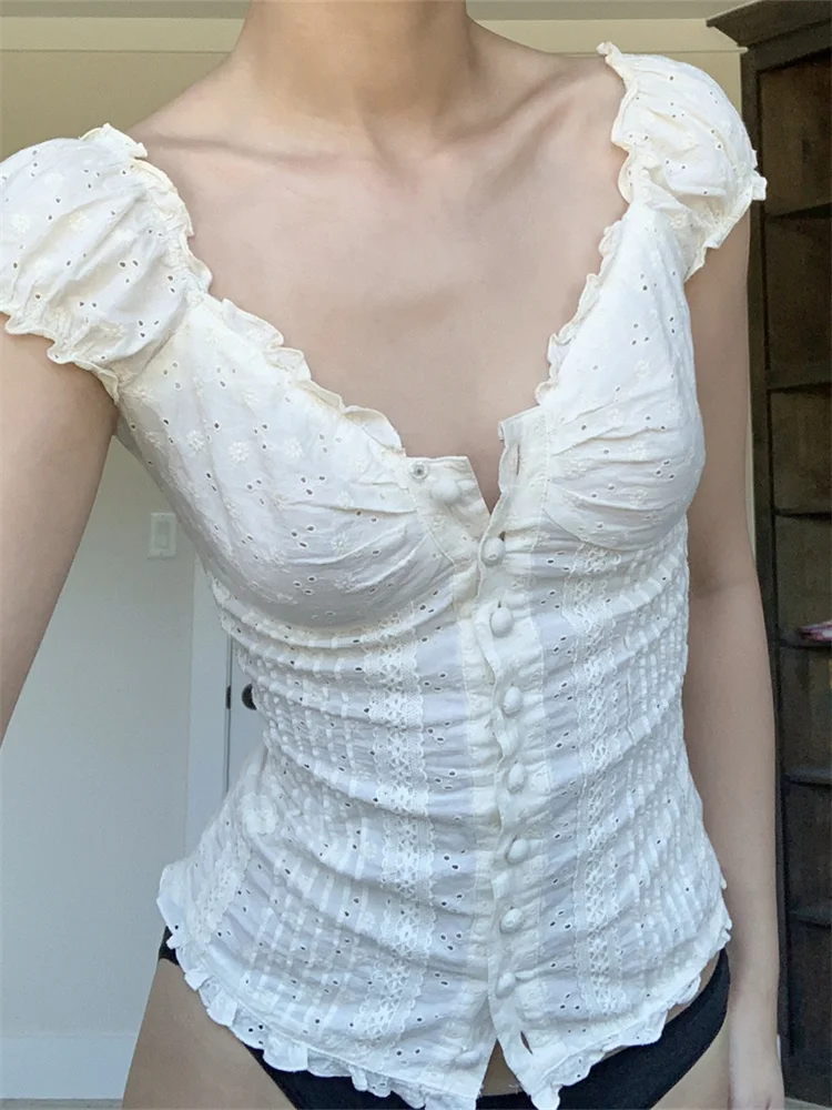 Chemisier à manches courtes pour femmes, col carré boutonné, hauts d'été rétro Kawaii Fairycore Y2K chemises féminines