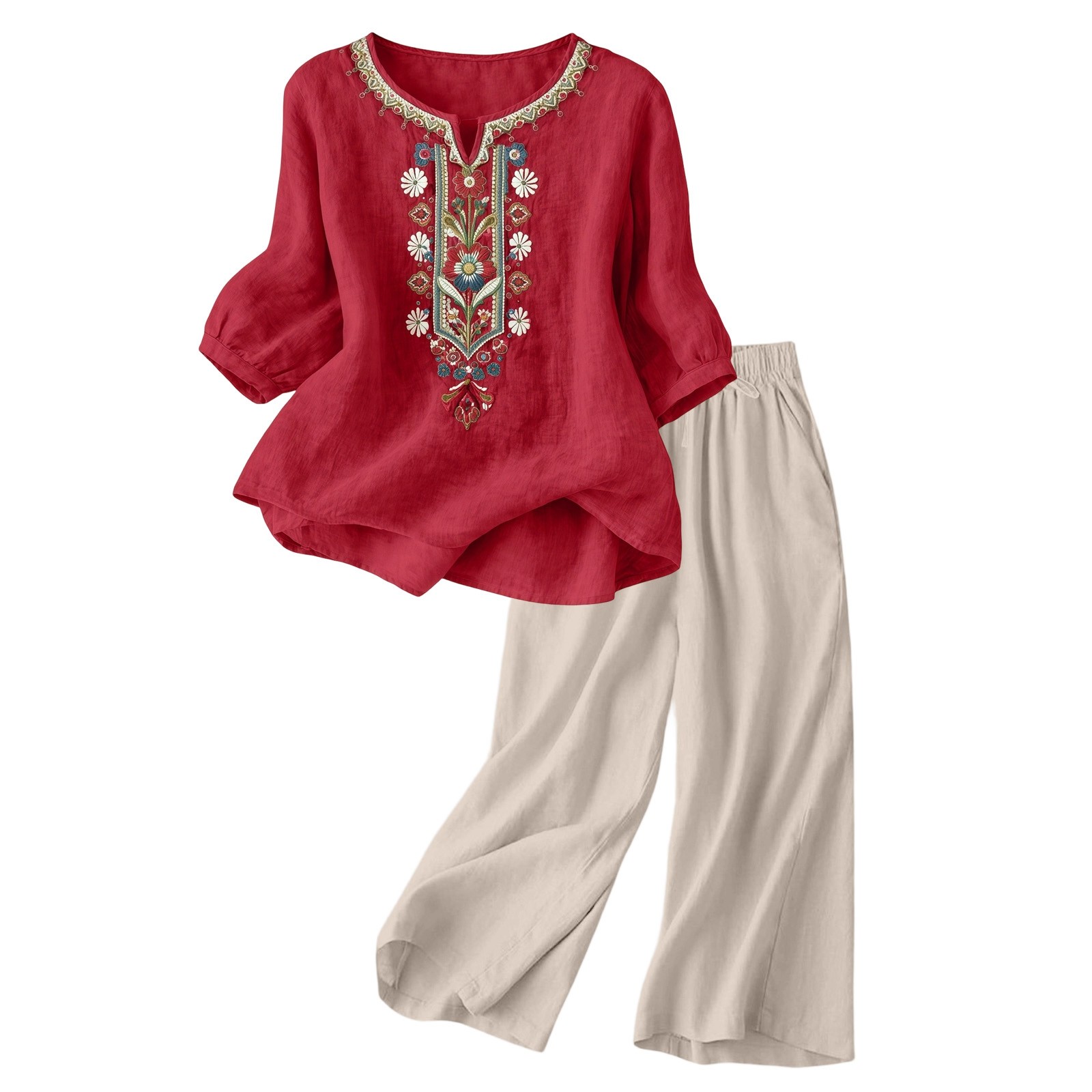 Nouvel ensemble deux pièces décontracté pour femme en coton et lin, avec broderie, hauts et pantalon large, manches 3/4, pour l'été