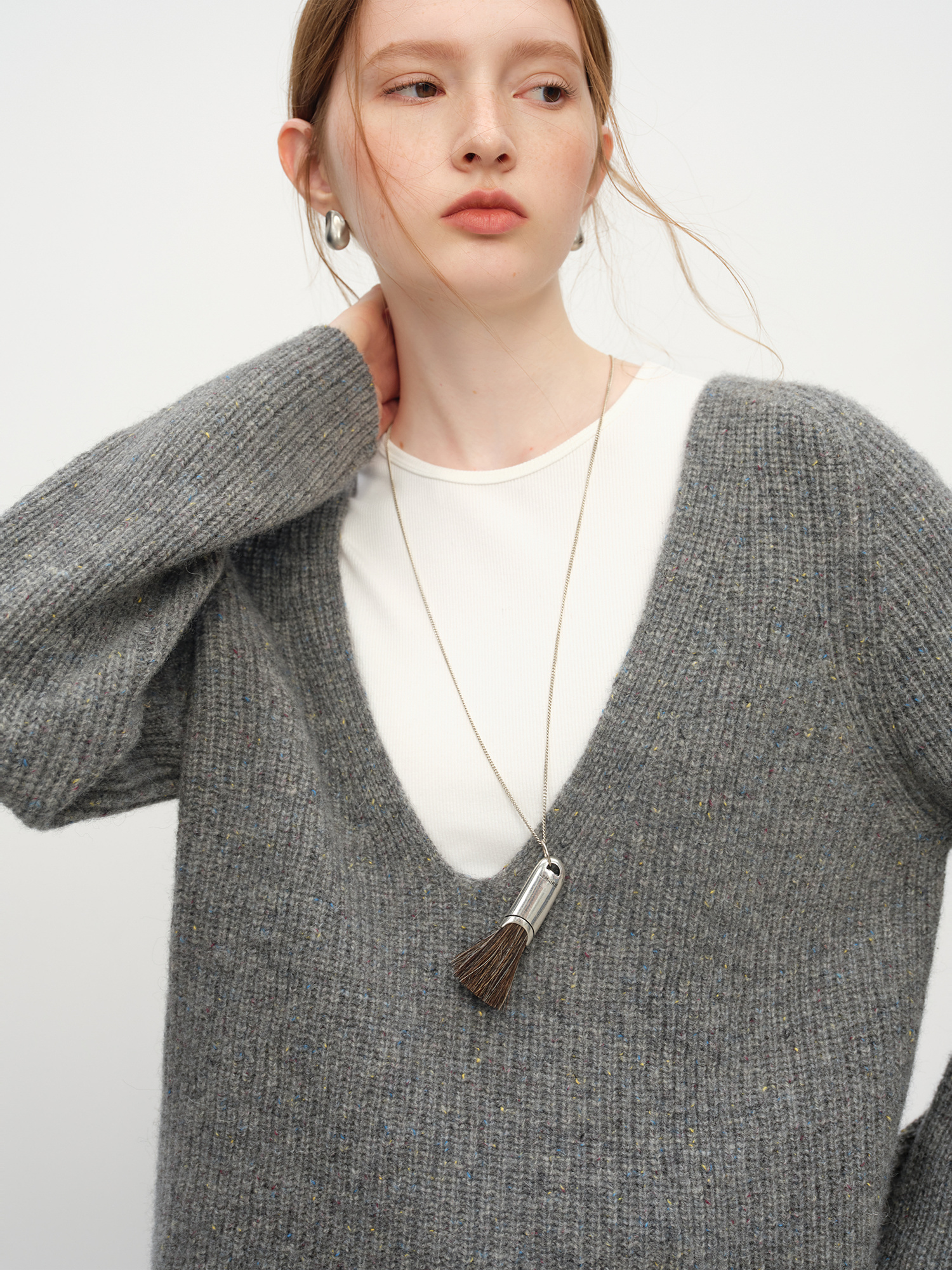 FSLE Winter 2025 Pull ample à col en V pour femme – Pull en pure laine avec coupe décontractée pour un confort décontracté