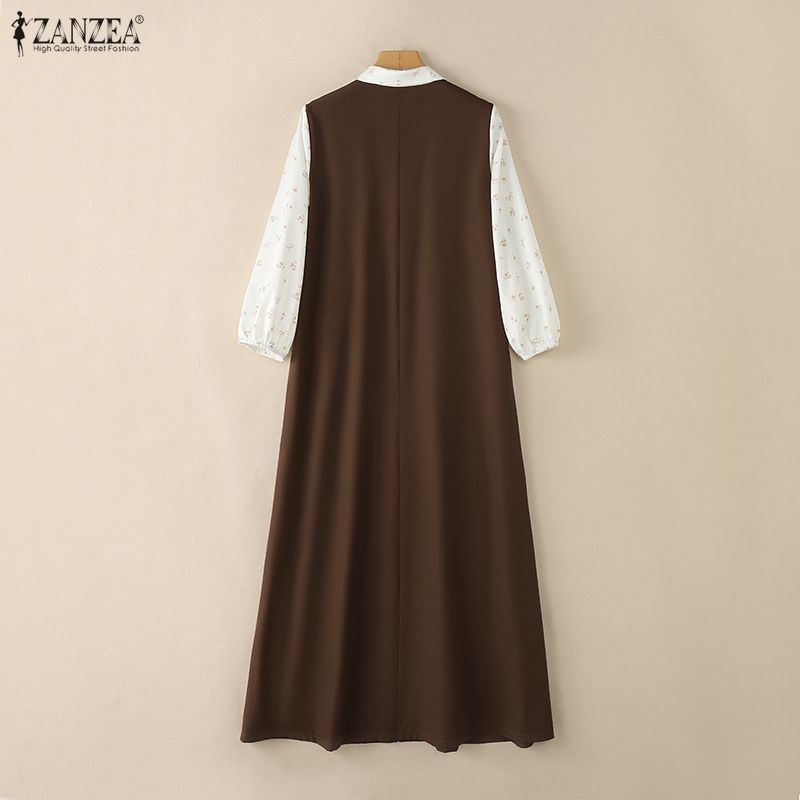 Robe longue modeste pour femmes musulmanes, col à demi-boutons, manches bouffantes, patchwork, robe longue ZANZEA, abaya islamique, robes femme