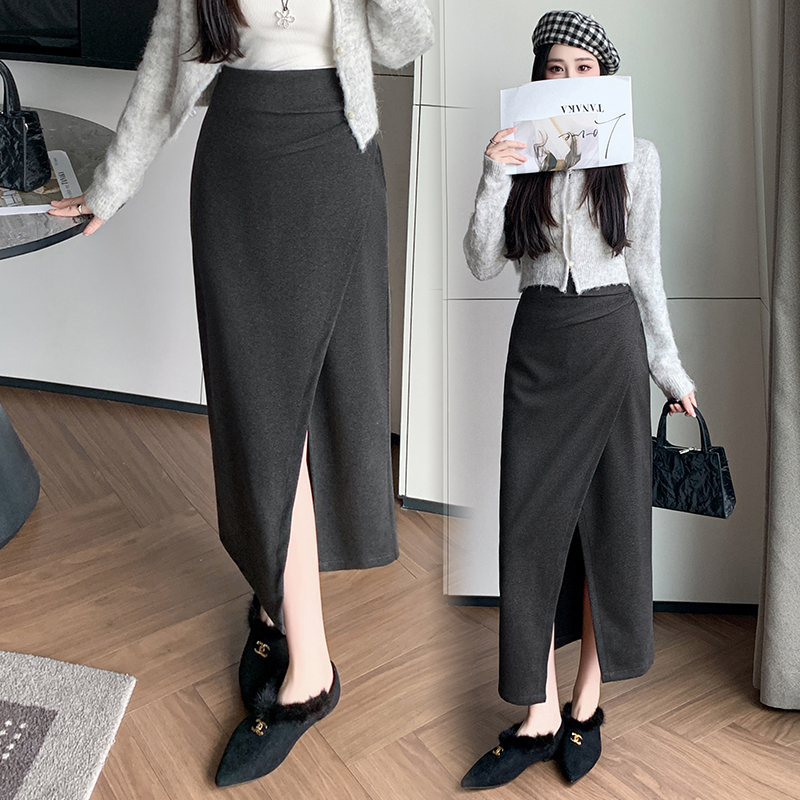 Mode coréenne hiver laine jupe Midi femmes Sexy côté fente croisé moulante jupes crayon élégant taille haute Wrap Faldas Largas