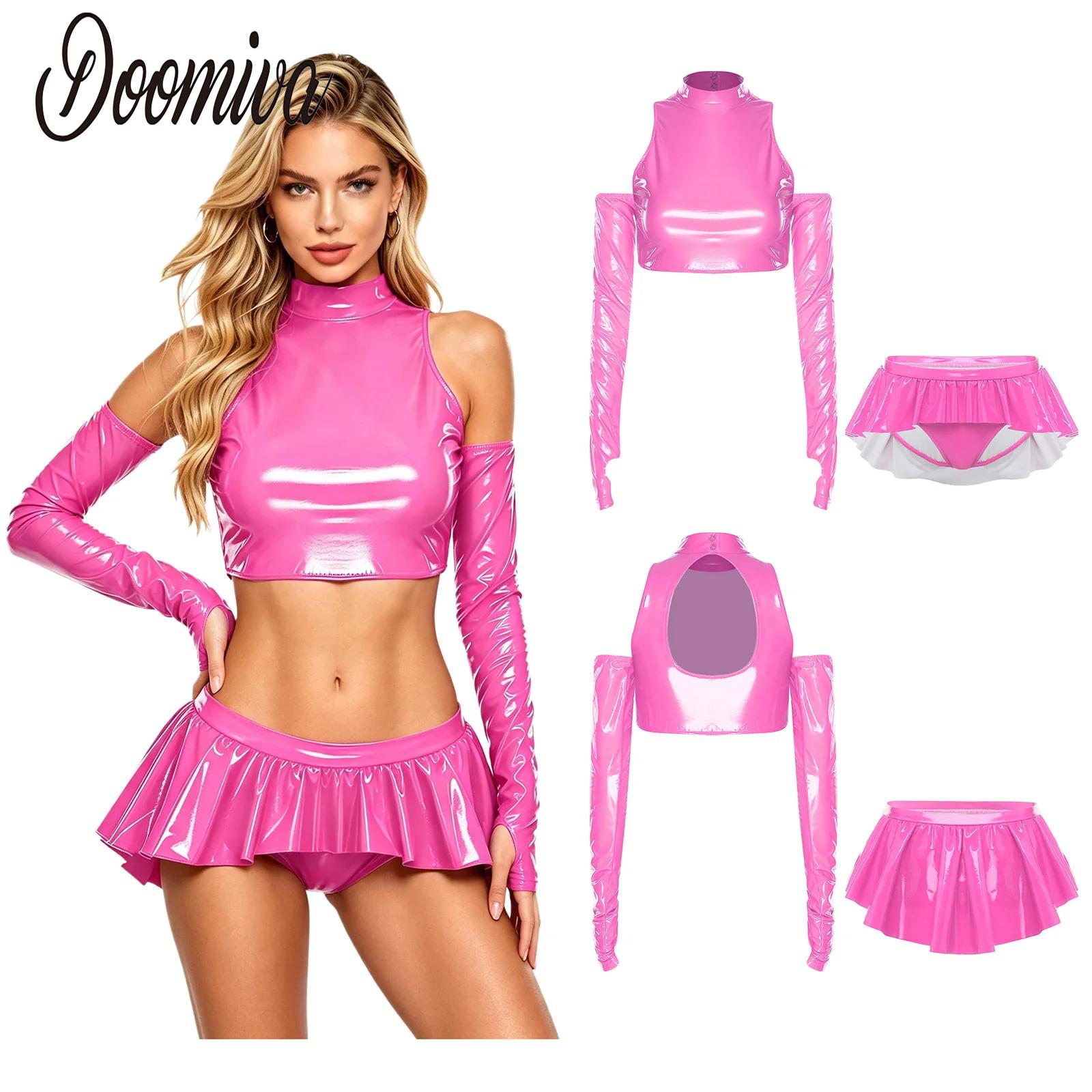 Ensemble de tenue en cuir verni effet mouillé pour femme, idéal pour les soirées rave et les clubs, avec haut court à épaules dénudées et manches longues et jupe à volants
