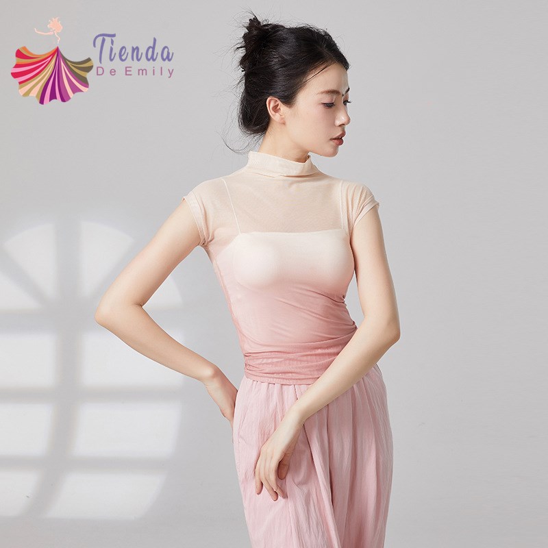 Haut en gaze sans manches pour femmes, maille transparente dégradée, chemise sexy, col haut, tenue de ballet classique moderne, vêtements d'entraînement, nouveau