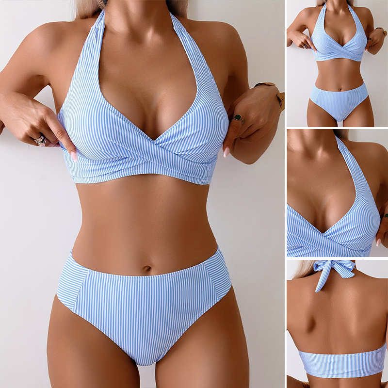 Maillot de bain sexy rayé pour femme, haut de bikini avec bretelles à nouer, tenue de plage tendance pour adultes