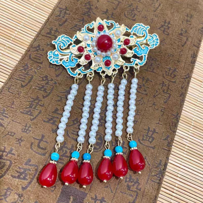 Accessoires pour cheveux de style Hanfu ancien, style rétro des dynasties Song et Ming, pinces à cheveux bleu brûlé, tenue de mariée, pinces à cheveux rouges.