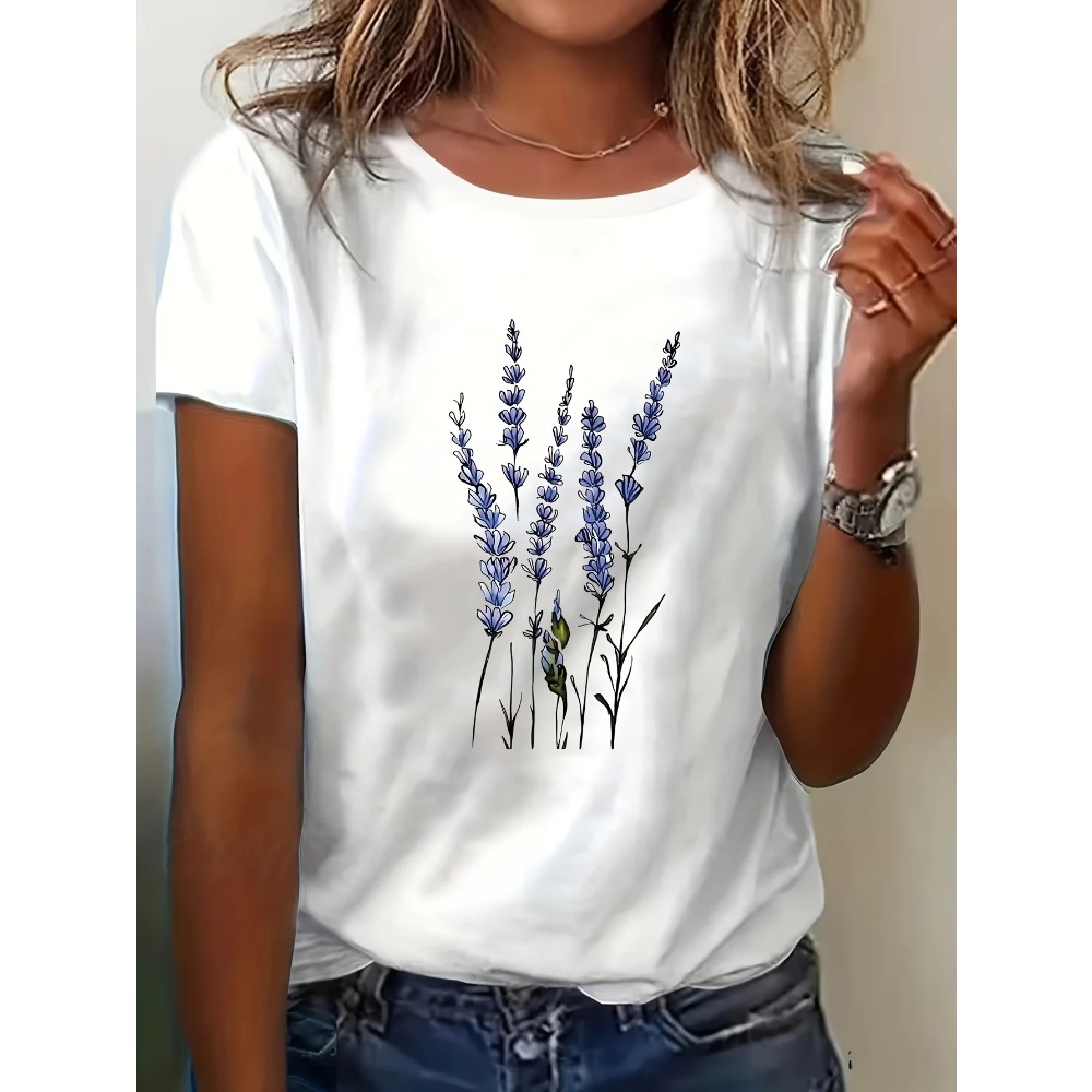 T-shirt décontracté pour femmes à imprimé floral lavande, style coréen, col rond, manches courtes, chemisier lavande, motif floral abstrait