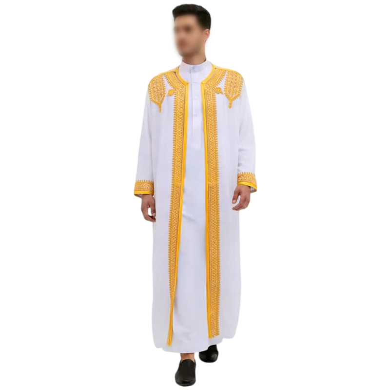 Robes islamiques musulmanes pour hommes, robe arabe, broderie dorée, manches longues, thobe, robes amples, kaftan, chemise, haut, style Dubaï, Arabie Saoudite