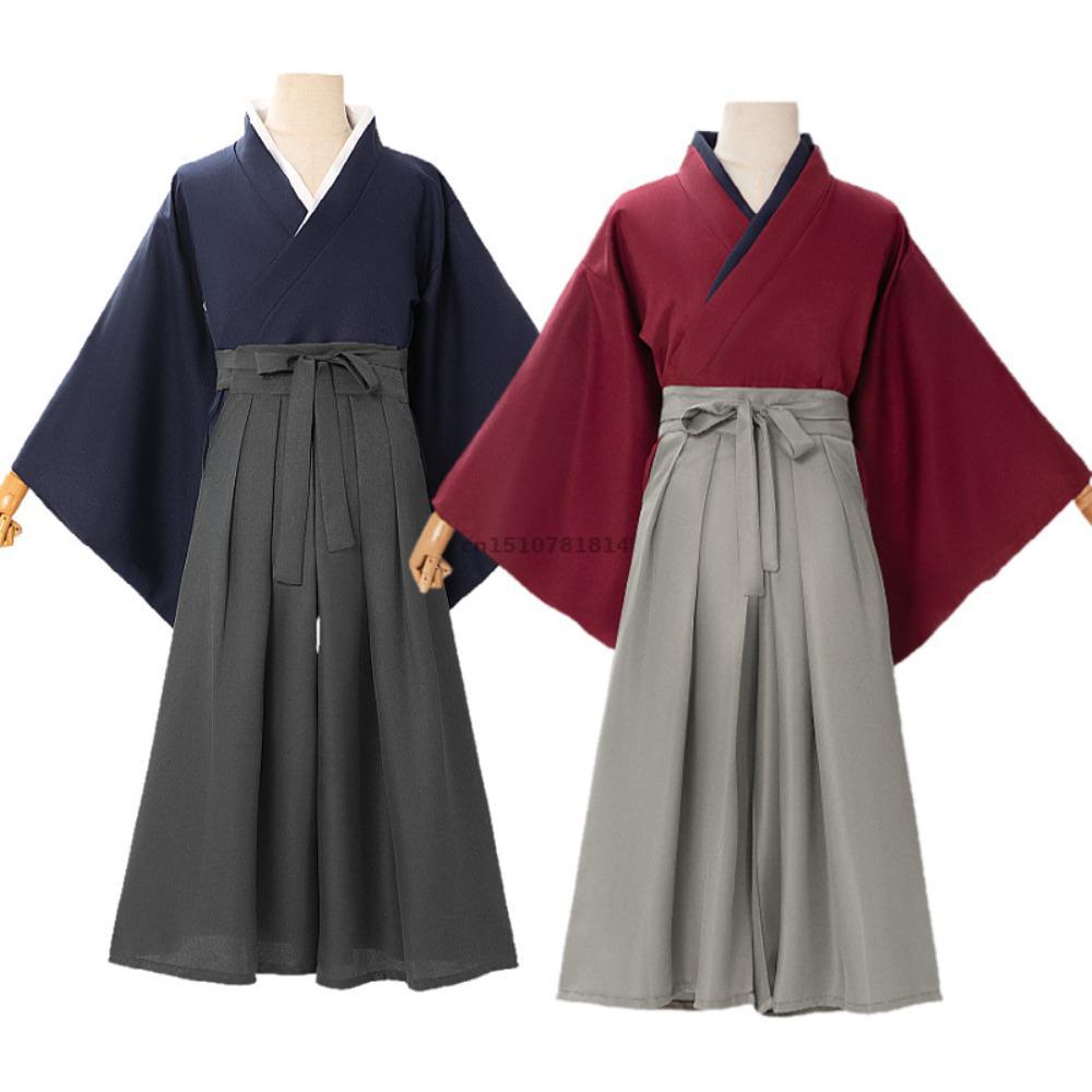 Ensemble kimono japonais pour homme, hakama, samouraï, kendo, col croisé, manches larges, bleu marine, rouge vin, gris, cosplay traditionnel, Halloween, coton