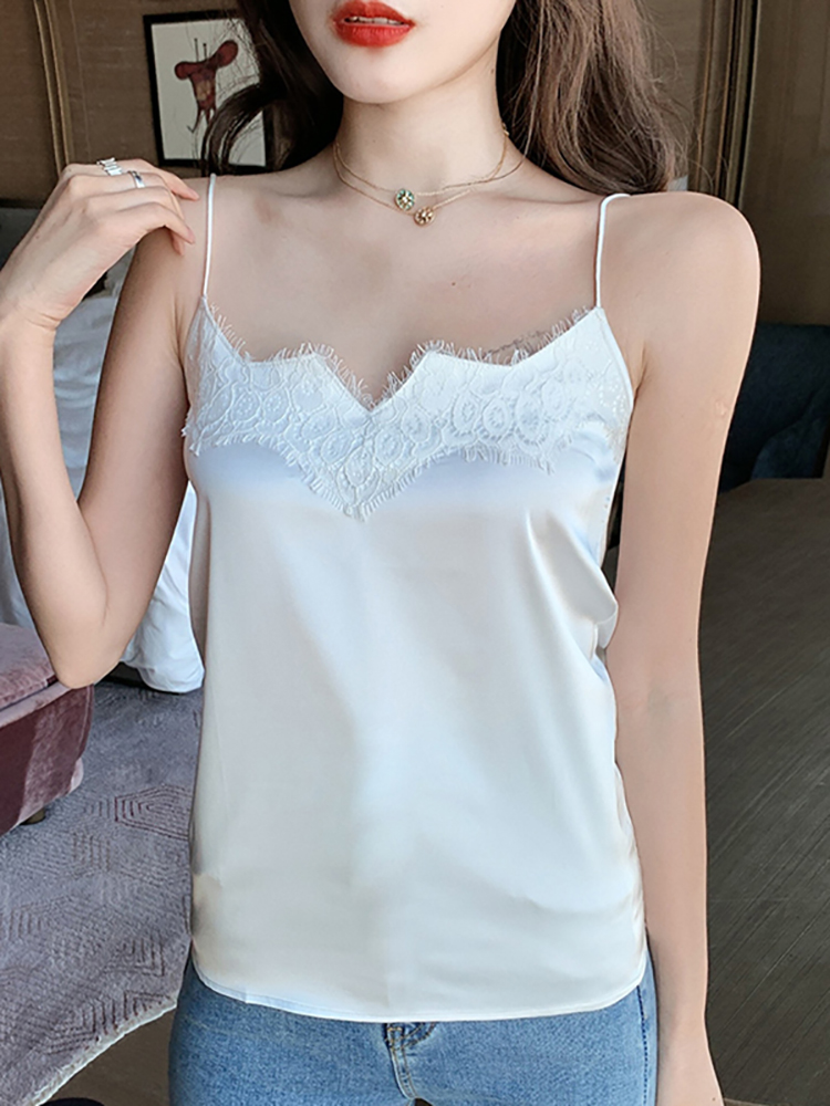 InjTop-Haut court à bretelles en dentelle et col en V pour femme, sous-vêtement sexy en satin