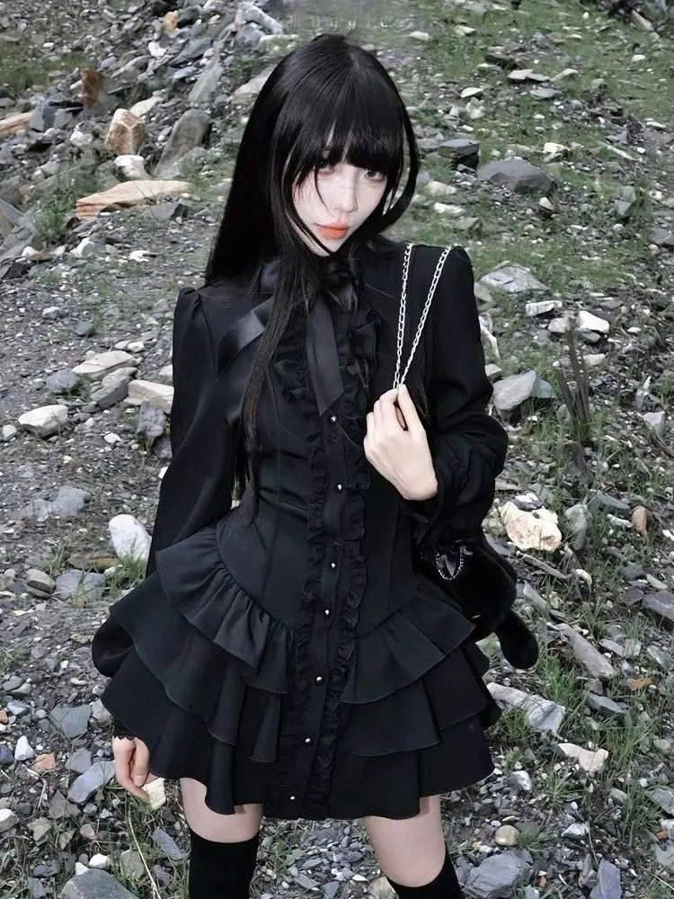 Robe Gothique Punk à Volants et Manches Évasées avec Nœud sur le Devant, Mini-Robe à Étages Style Gothique Vintage Américain Années 2000, Vêtement Décontracté Streetwear pour Femme 2026
