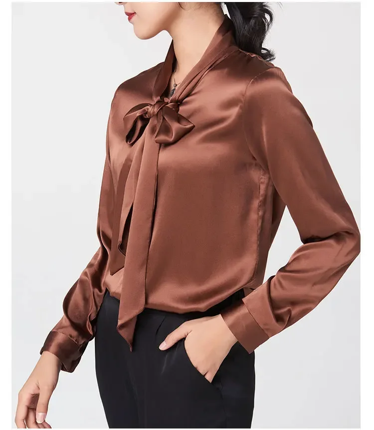 Chemise en soie de mûrier lourde pour femmes, chemisier à manches longues en Satin de soie, col en v, avec ruban à nœud, nouvelle collection printemps et automne 2025