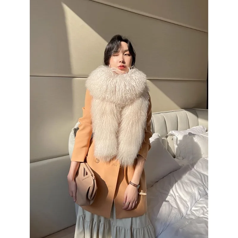 Écharpe en vraie fourrure de mongolie pour femme, épaisse, longue et chaude, en fourrure du Tibet, moelleuse, de luxe, à la mode, hiver 2023