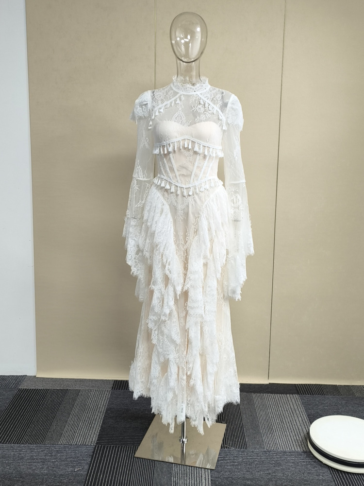 Robe de soirée DEAT 2026, nouvelle collection automne, en dentelle haut de gamme, à manches cloche, coupe ajustée pour femme, robes brodées ajourées