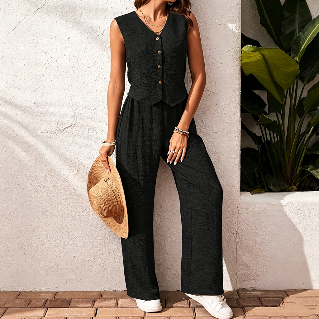 Ensemble deux pièces élégant pour femme, idéal pour le bureau ou les fêtes, avec gilet sans manches à col en V et pantalon large texturé noir uni, style décontracté.