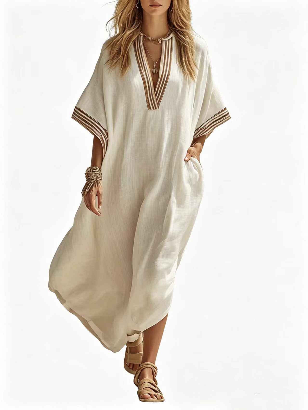 Robe kaftan bohème en lin, bordure rayée, col en V, manches chauve-souris, coupe ample avec poches, robe maxi décontractée et polyvalente pour les vacances