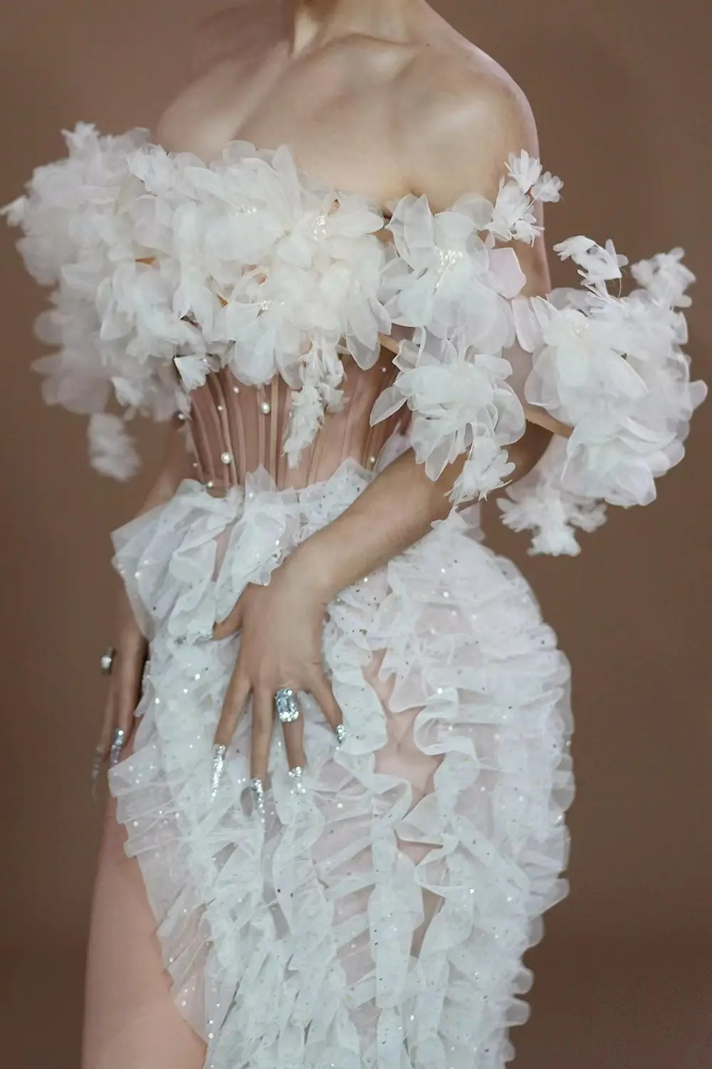 Robe en dentelle blanche à sequins pour femmes, haut et jupe sexy, tenues de fête d'anniversaire, mariage sur scène, drag queen, 303, 2 pièces