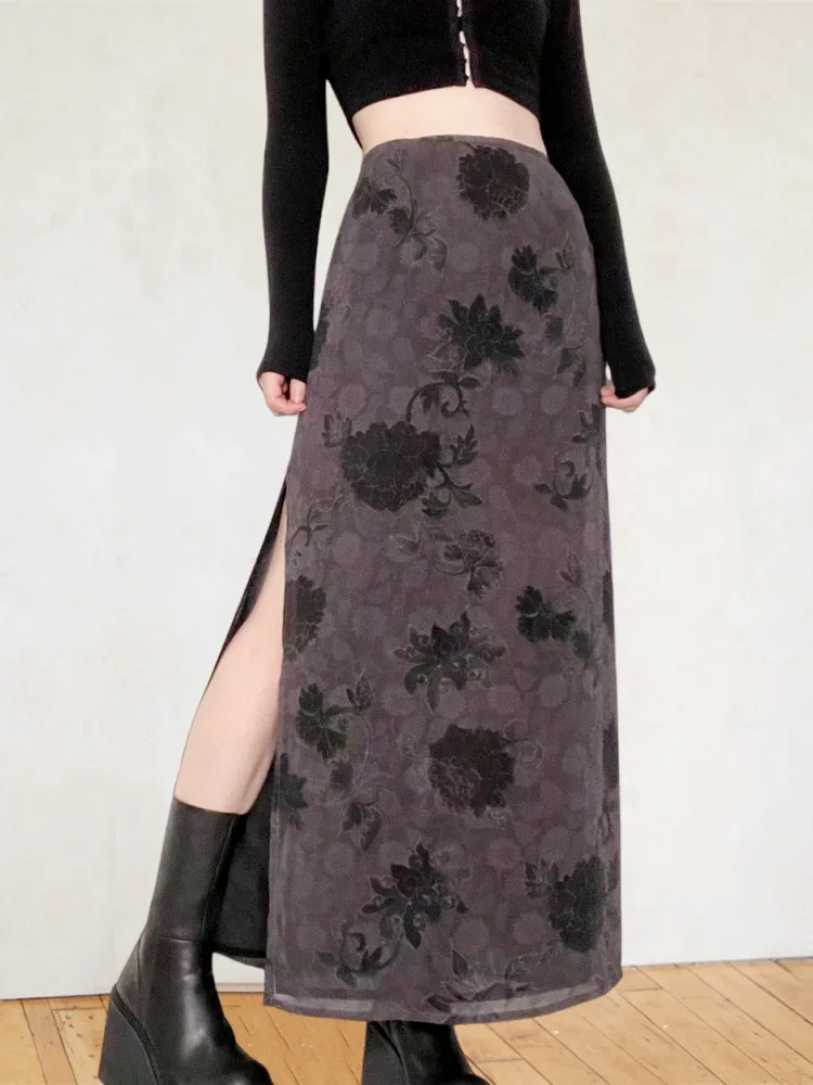 Jupe longue taille haute à fleurs pour femmes, fendue, gothique grunge, Y2K, décontractée, bohème, streetwear, été