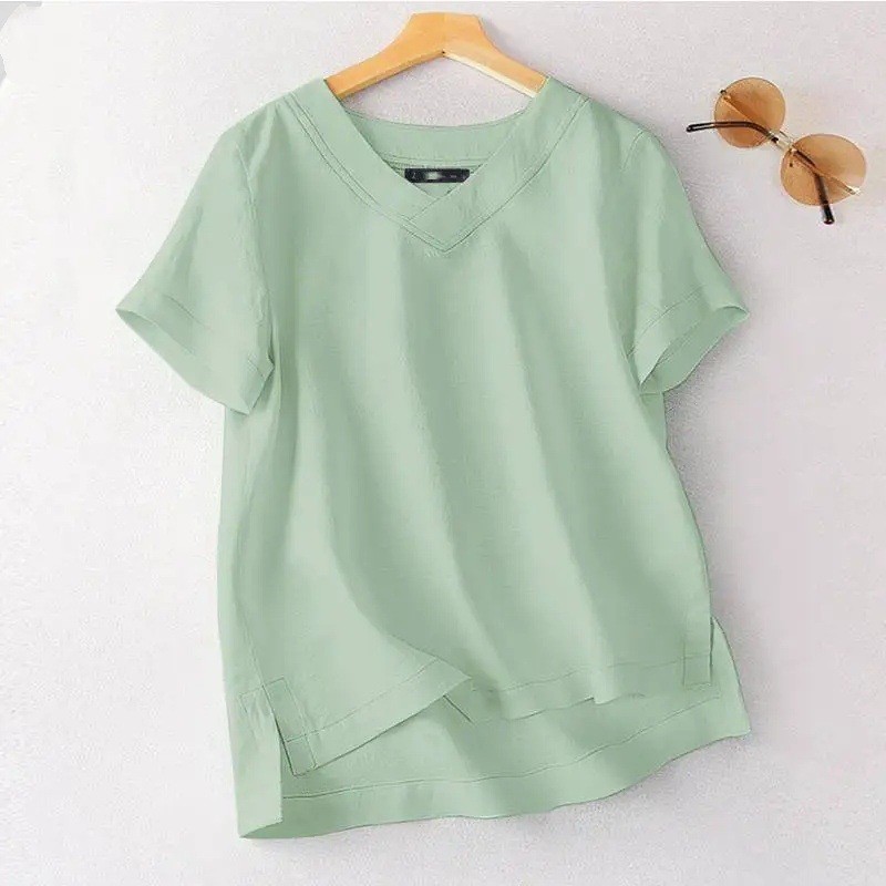 T-shirt d'été grande taille pour femmes, nouveau modèle décontracté en coton uni, col en V, manches courtes, coupe ample