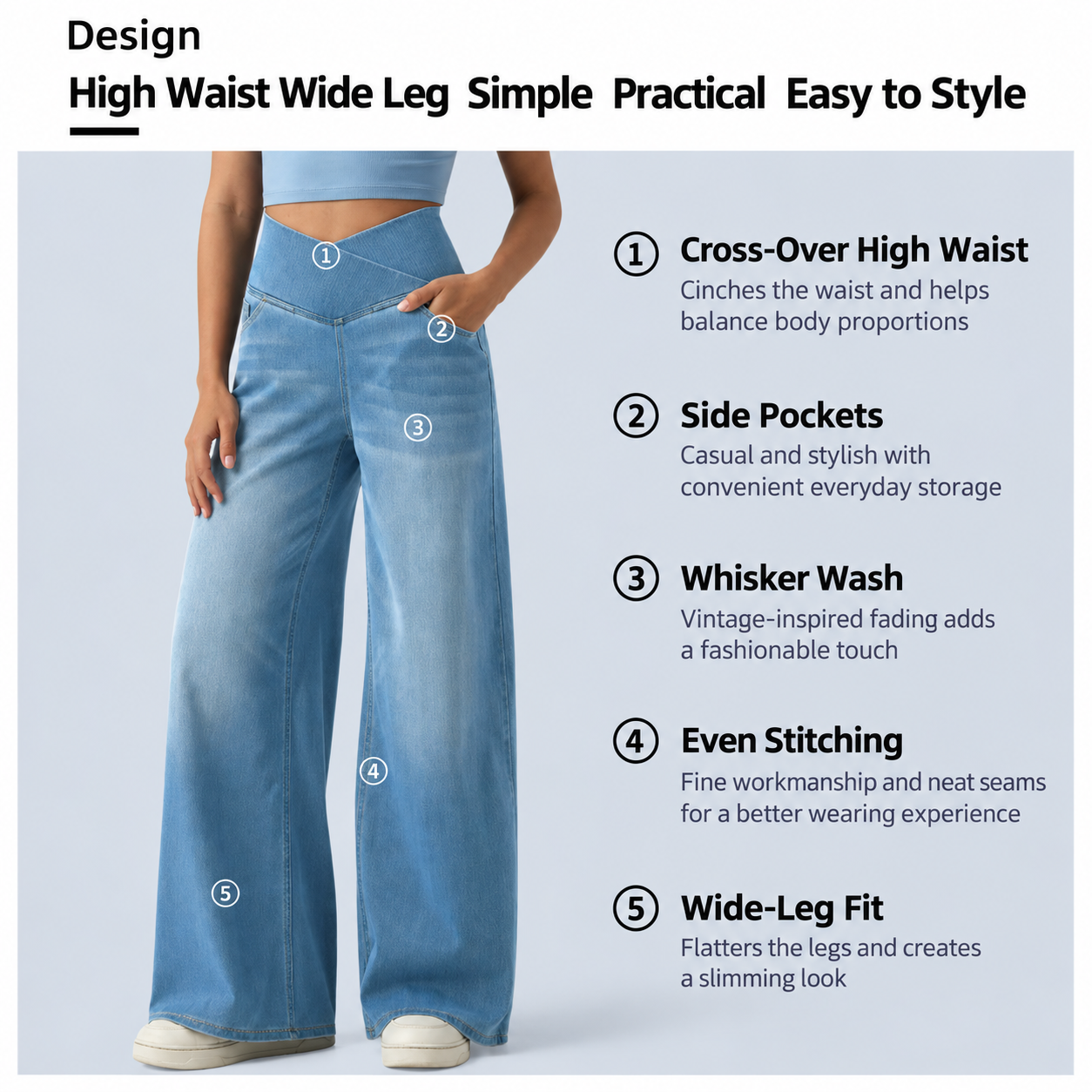 Pantalon en jean délavé taille haute à coupe large pour femme, style décontracté, extensible et doux, longueur complète
