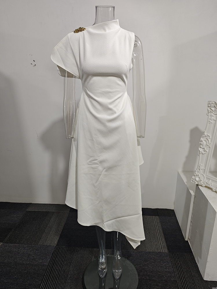 DEAT robe élégante col montant irrégulière taille haute longue couleur unie femmes robes de soirée 2025 hiver nouvelle marée 35Z3948