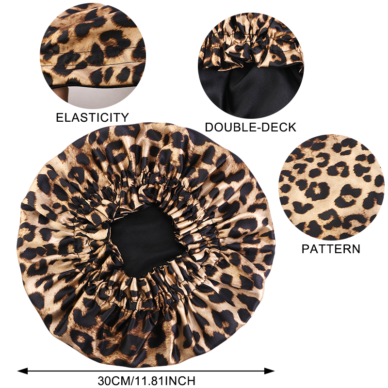 Bonnet de nuit en Satin imprimé léopard pour femmes, Double couche, Bonnet soyeux, bande élastique réglable, casquette de sommeil pour cheveux longs, nouvelle collection