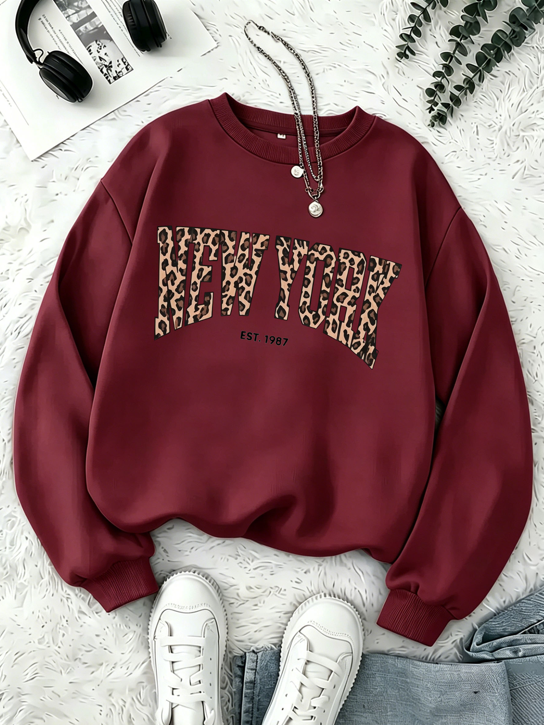 Sweat-shirt à imprimé léopard pour femmes, NEW YORK EST.1987, pull à col ras du cou pour filles, en polaire, chaud, à manches longues, décontracté, Streetwear, hauts Vintage