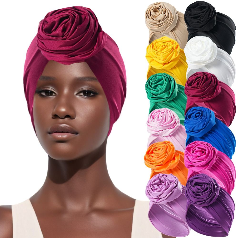 Soie brute grande fleur de Rose bandeau respirant élastique Boho fleur Bandana léger femmes africaines Turban enveloppement femmes et filles