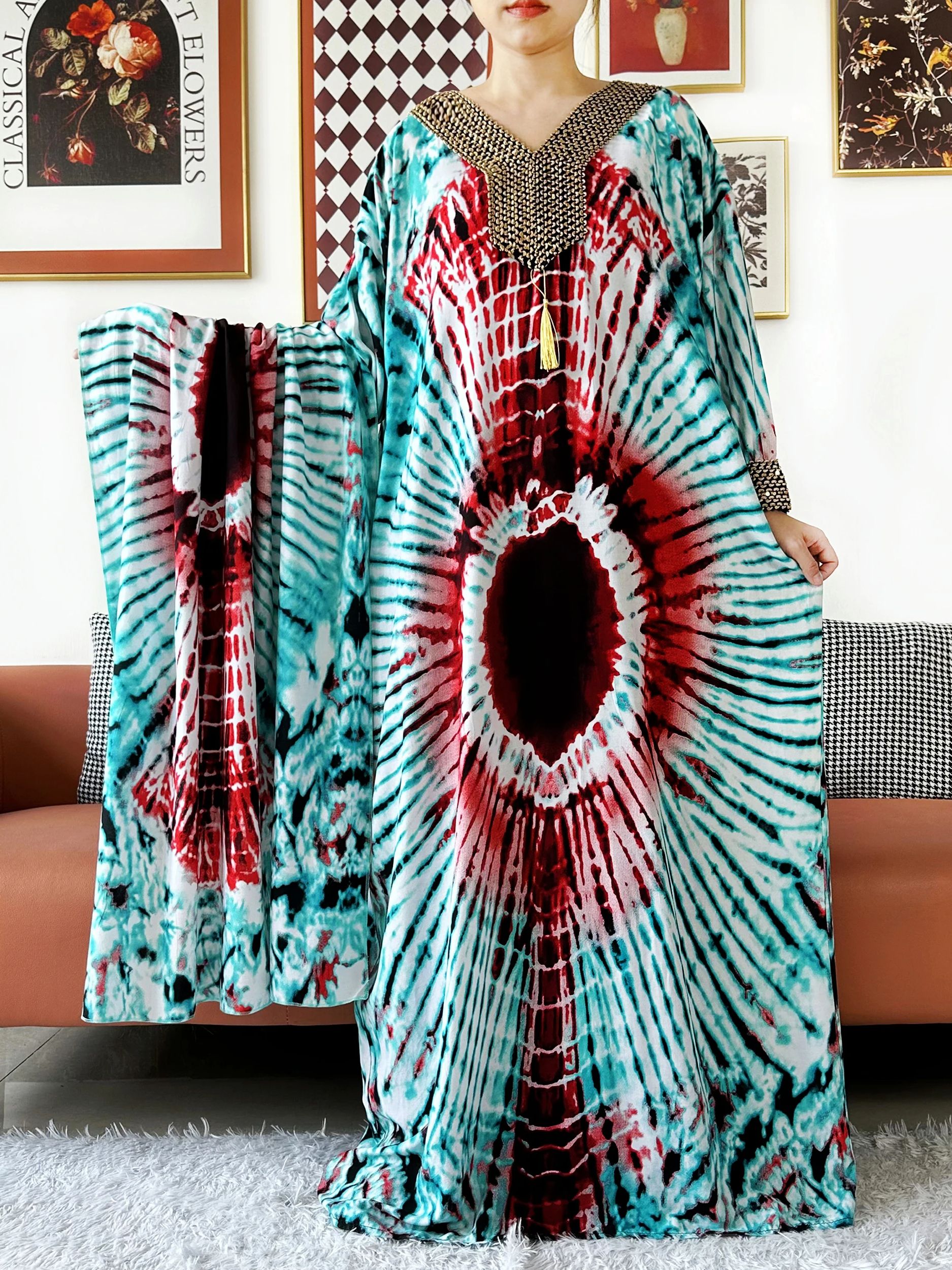 Robe de soirée à manches longues brodée fil d'or coton femmes ample Abaya Boho robe Maxi décontracté robe de mode robes africaines