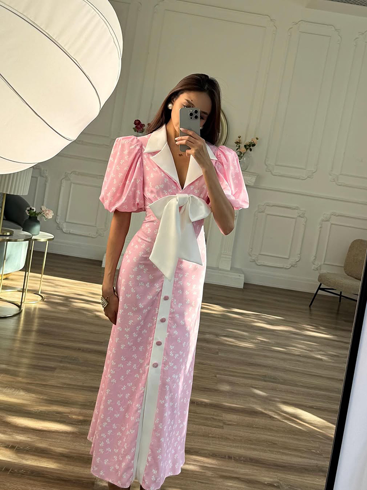 Nouvelle Robe Longue Imprimée Élégante à Nœud pour Femme, Col Revers, Manches Courtes Bouffantes, Boutonnage Simple, Taille Cintrée, Collection Été 2026