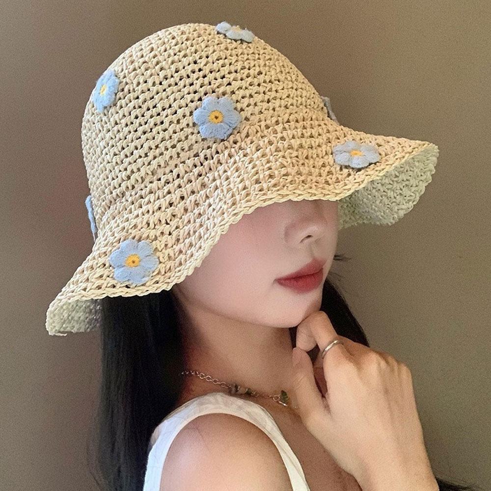 Chapeau de paille fleuri pour femme, chapeau de pêcheur pliable anti-UV pour l'été, chapeau tressé ajouré style vacances