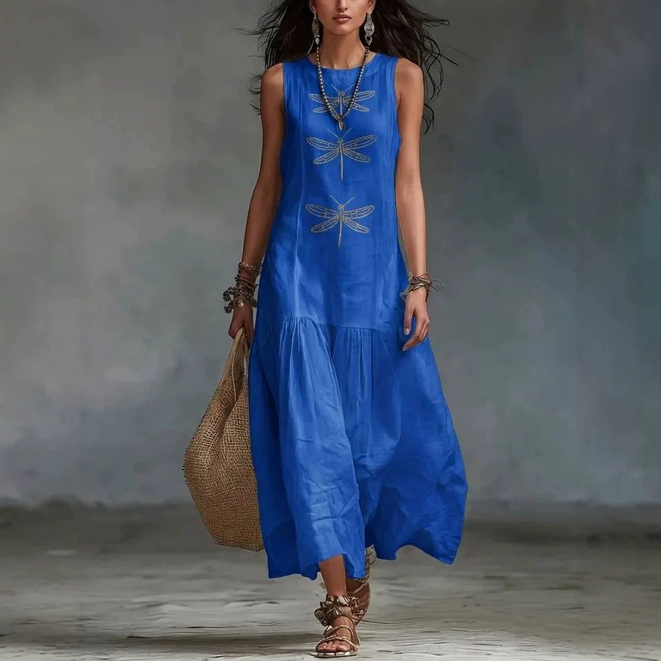 Nouvelle Robe Bohème d'Été pour Femme, Col Rond Décontracté, Sans Manches, Longueur Midi, Motif Libellule, Robes Unies pour Femmes, Vestidos 2026