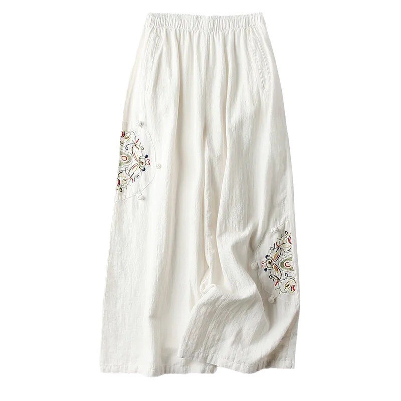 Femmes Pantalon droit décontracté coton mélangé Femme Pantalon 2025 fleur broderie ample jambe large Pantalon pour femmes Pantalon Femme