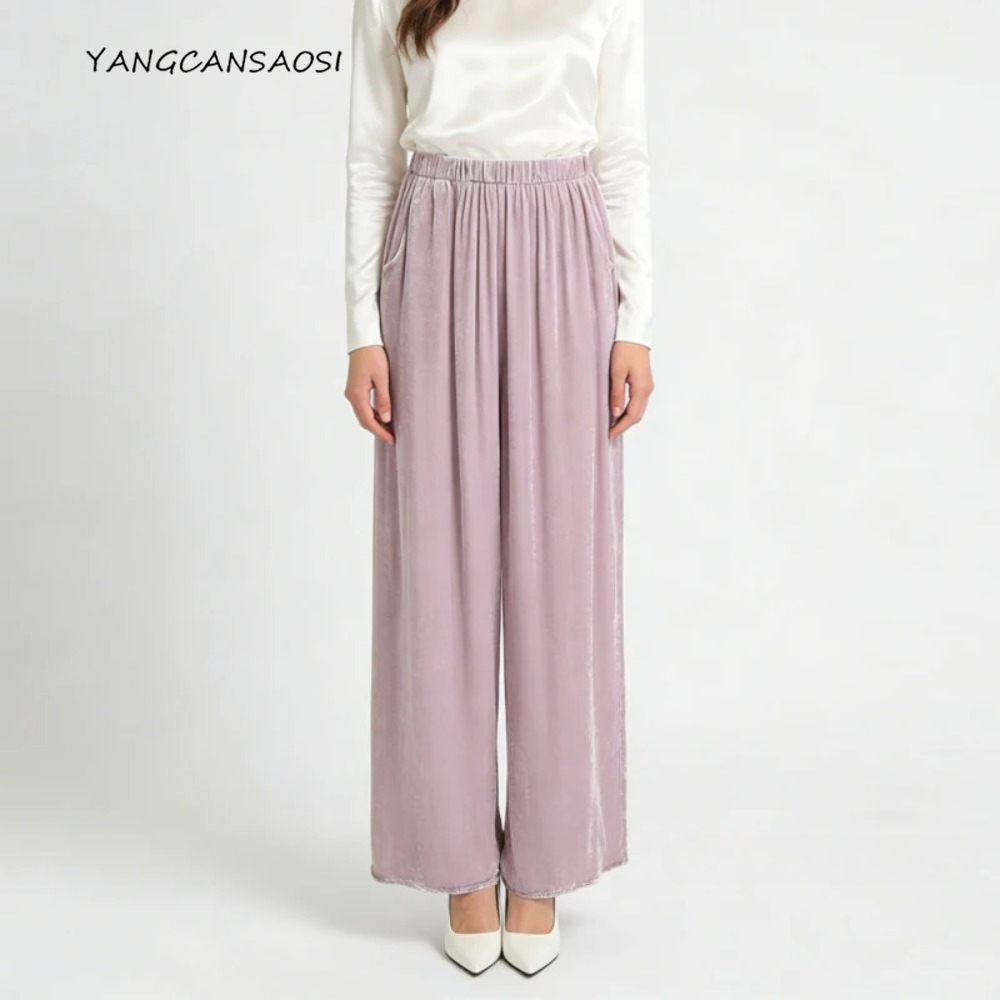 Pantalon en velours de soie de mûrier naturelle 30%, pantalon à jambe droite avec poche à taille élastique à la mode pour femmes, nouveau printemps 2026