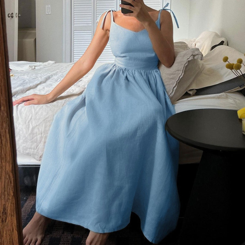 Robe Femme Style Plage Vintage Ample Coupe A-line à Bretelles 2026 Printemps-Été Sexy Hot Girl 100% Coton Col en V