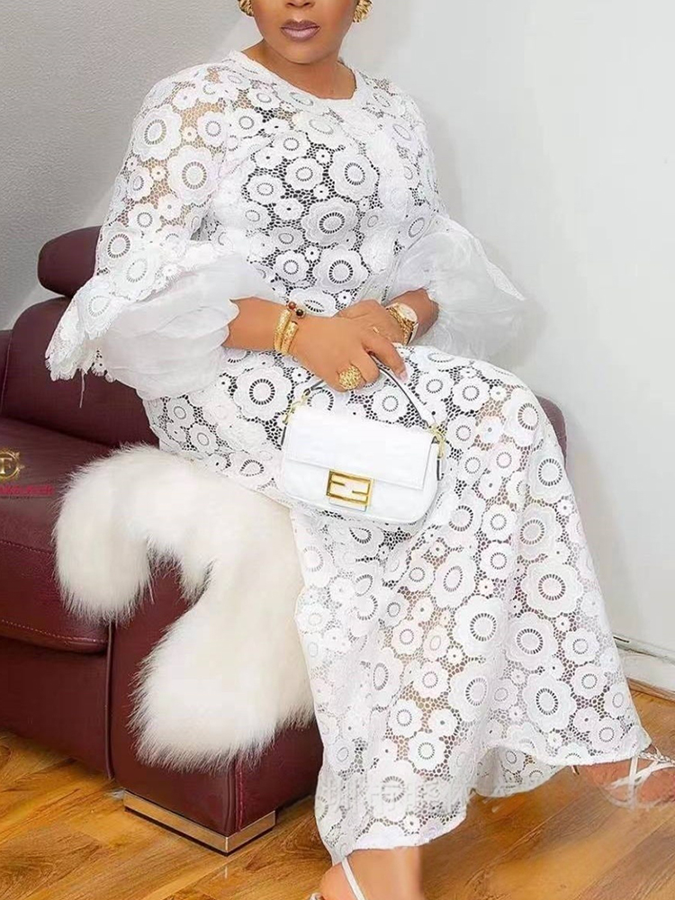 Robe longue droite élégante pour femmes, robe d'été grande taille avec manches papillon, robe longue blanche à lacets transparents, Vintage