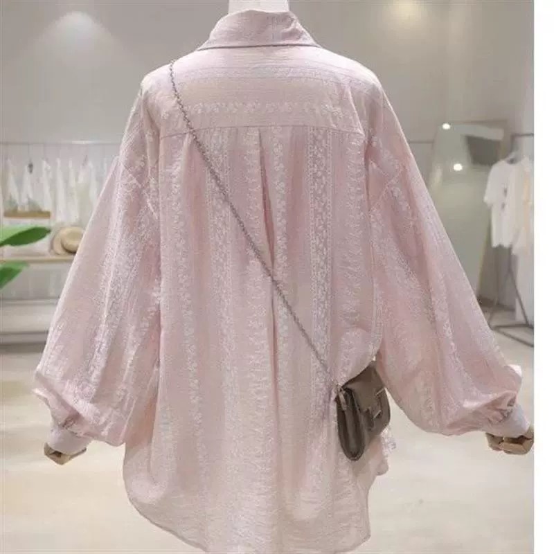 Chemise boutonnée brodée pour femmes, légère, manches longues, surdimensionnée, printemps été, mode coréenne, tenue décontractée