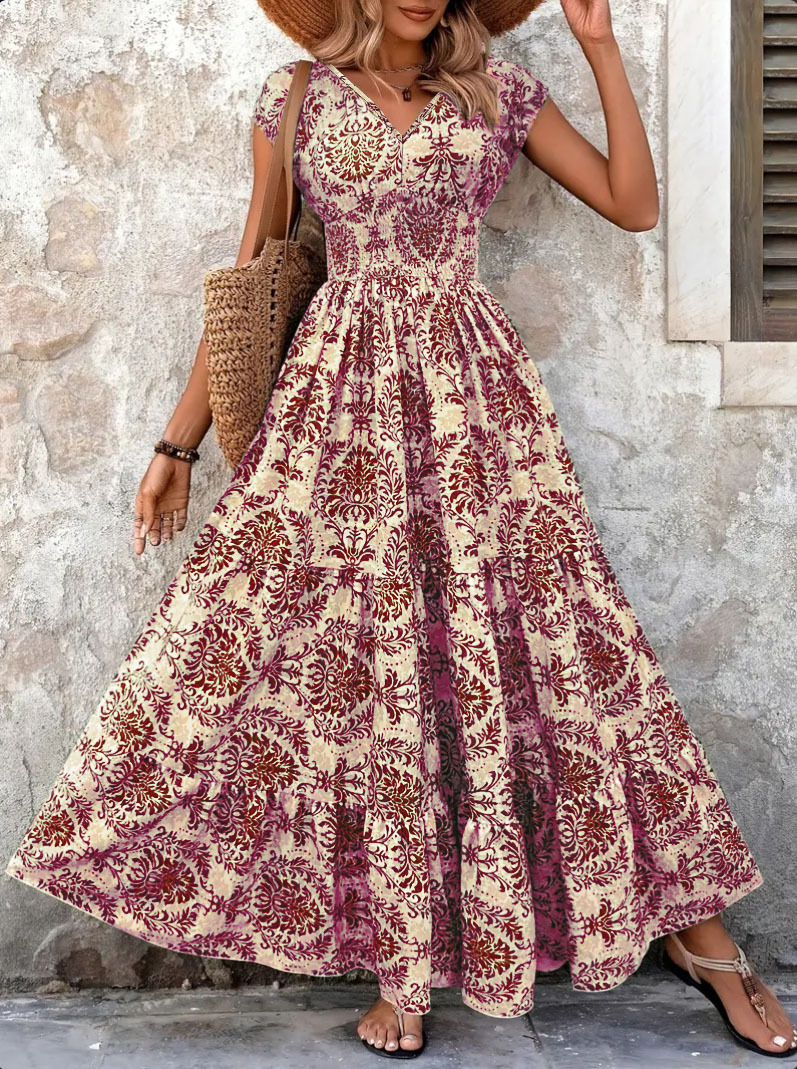 Robe Vintage à Imprimé Floral 2026, Élégante, Col en V, Manches Courtes, Longue, Mode Femme, Robe Rétro
