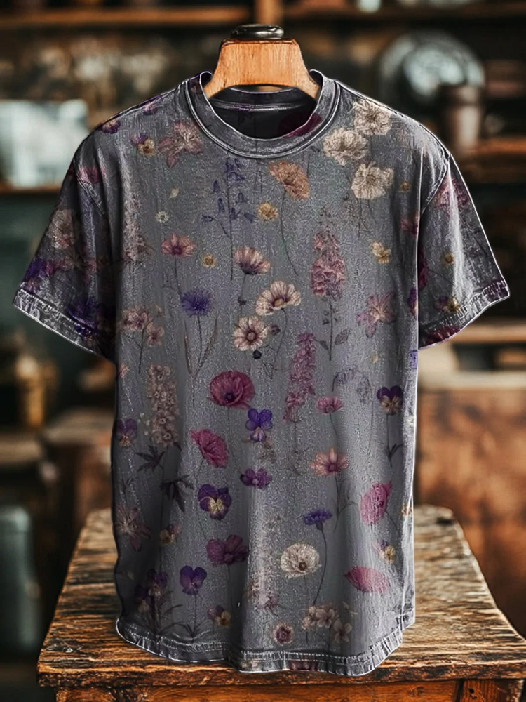 T-shirt décontracté pour homme à imprimé floral vintage, manches courtes, chic, rétro, pour le bureau, vêtements masculins, tunique ample pour les vacances, streetwear