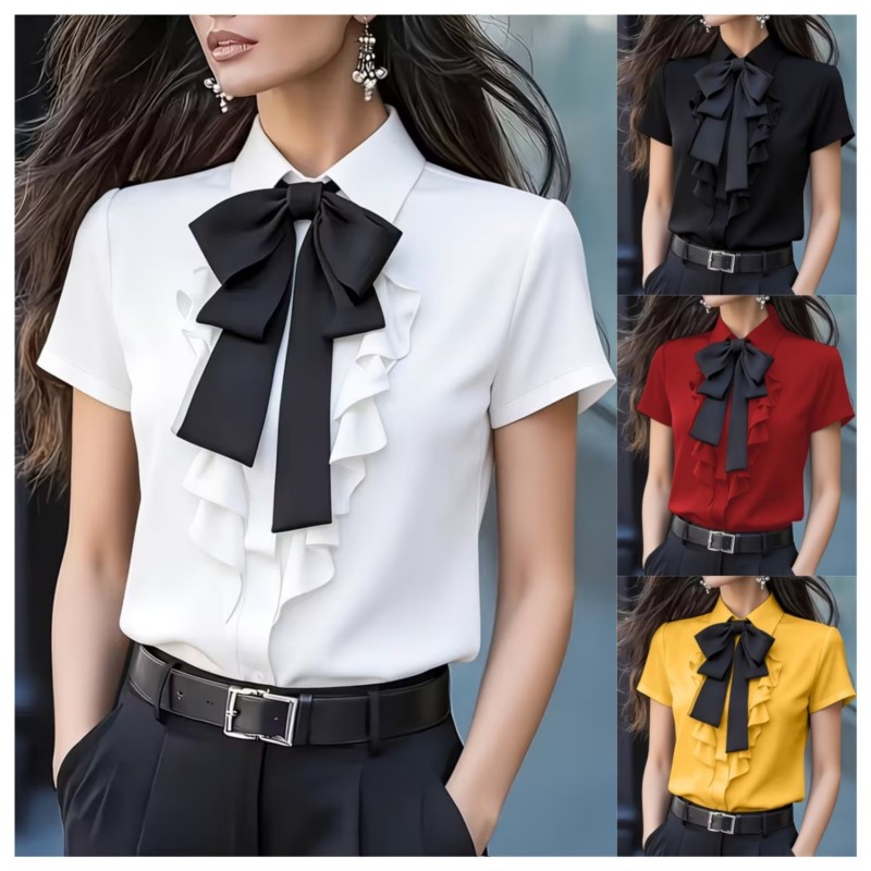 Chemisier d'été pour femme, nouvelle mode, uni, avec nœud et volants, style vintage, manches courtes, chemise blanche, vêtements féminins 2026