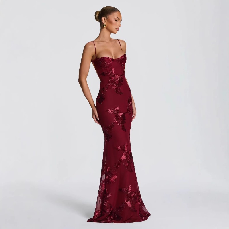 Robe de soirée sirène élégante et luxueuse à imprimé floral, dos nu en maille, avec corset et liens, coupe ajustée, longueur maxi