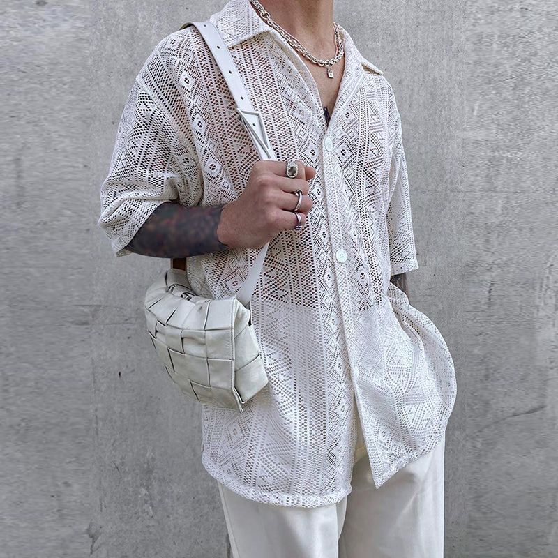 Vêtements d'été pour hommes maille voir à travers maille chemise Sexy à manches courtes résille boutonné rétro Chic Streetwear fête Blouse S-5XL