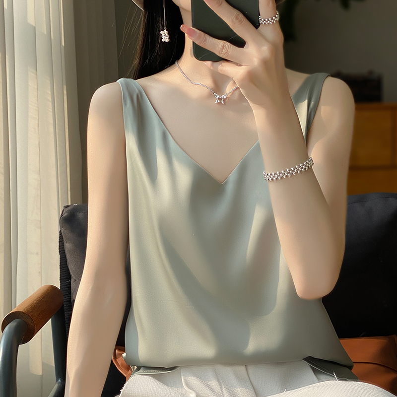 Débardeur en Satin de soie pour femmes, basique, col en v, multicolore, blanc, noir, haut sans manches, bas Sexy, nouvelle collection été 2024