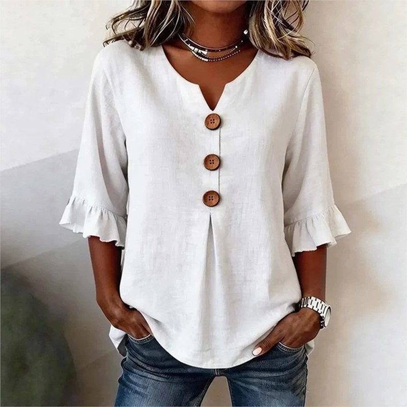 Nouvelle Blouse Décontractée Femme Col V Manches Sept Boutons Couleur Unie Été 2026 Respirante Vêtement Quotidien