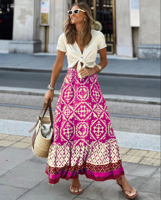 Jupe évasée imprimée à taille élastique pour femme, jupe midi bohème à empiècements, idéale pour la plage et le quotidien