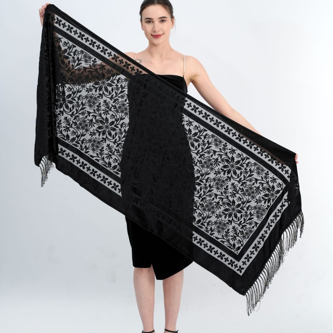 Velours Floral évider écharpe rétro ethnique gland écharpe velours Pashmina étole Babushka musulman Hijab plage Cheongsam châle
