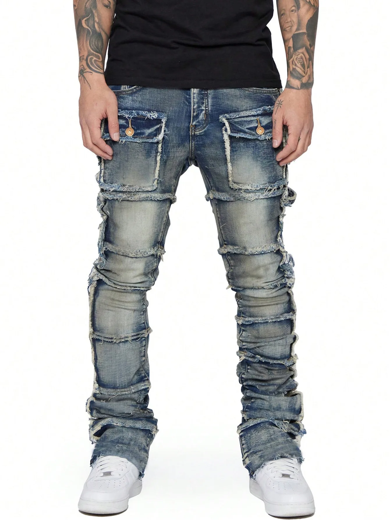 2025 nouveaux jeans pour hommes à la mode, vêtements de travail à la mode européenne et américaine avec patch, élastiques, laminés et légèrement évasés pour hommes