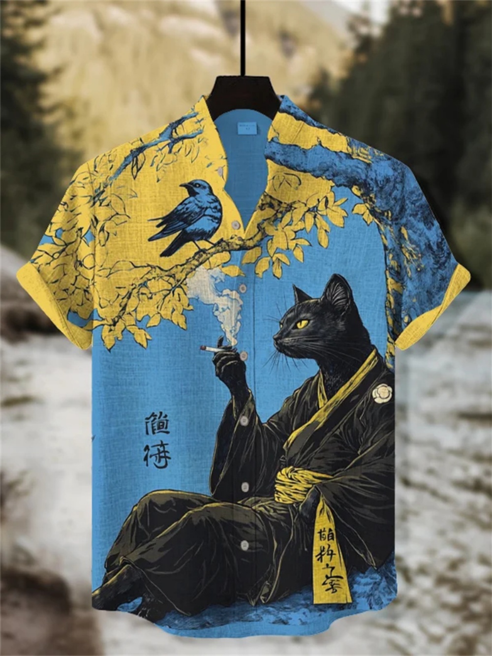 Chemise en lin imprimé chat Kimono de Style japonais pour hommes, col montant à la mode, manches courtes, expédition rapide, été